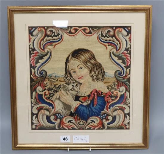 A Victorian framed petit point of a girl with a cat Excl. frame 32 x 31cm